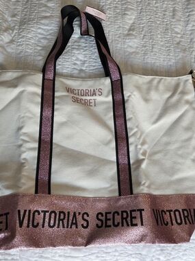 Victoria's Secret Cream & Pink Glitter Tote